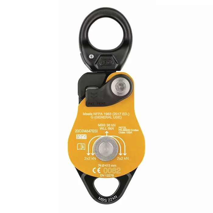 PETZL Rope Pulley 7 mm min Rope Diameter 13 mm max Rope Diameter 8 kN max working load 36 kN Breaking Strength, P001CA00