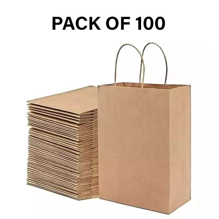 GENERIC Brown Paper Parcel Bag with Handle 120 GSM and 16 x 12 x 5 inch Size (Pack of 100)