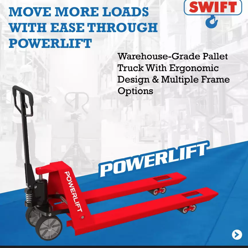 SWIFT Powerlift Hand Pallet Truck 3000 Kg (3 Ton) Capacity 550 mm (21.6 inch) Fork Width Mild Steel Red