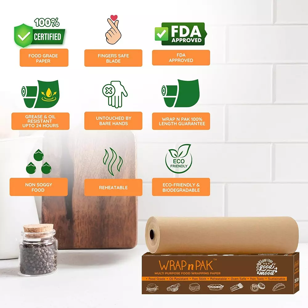 WRAP n PAK Wrapping Paper Roll Plain Brown Parchment Type 11 Inch (27.94 cm) x 25 m Reheatable, (Pack of 20 Pcs)