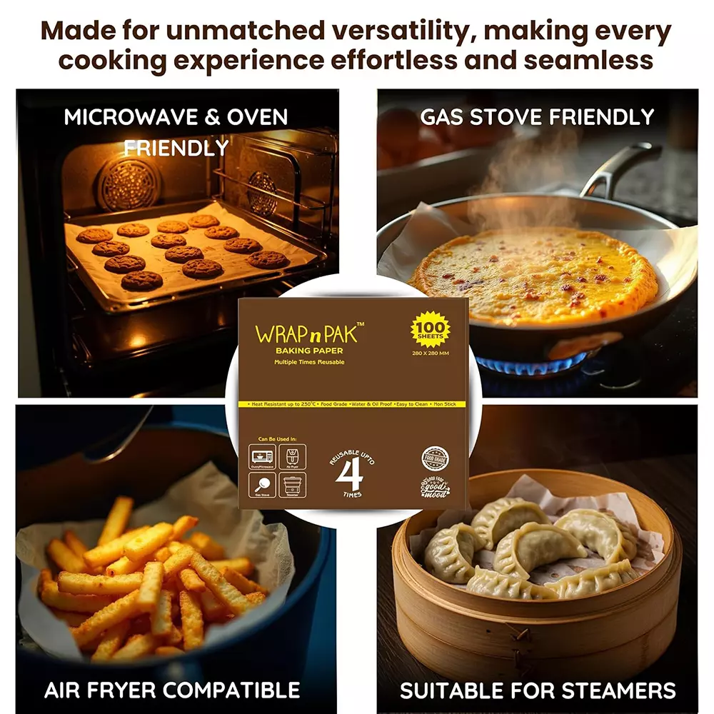 WRAP n PAK Baking Paper 4 Times Reusable Pre Cut 100 Sheets 11x11 Inch (27.94x27.94 cm) Heat Resistance Up To 230°C, (Pack of 20 Pcs)
