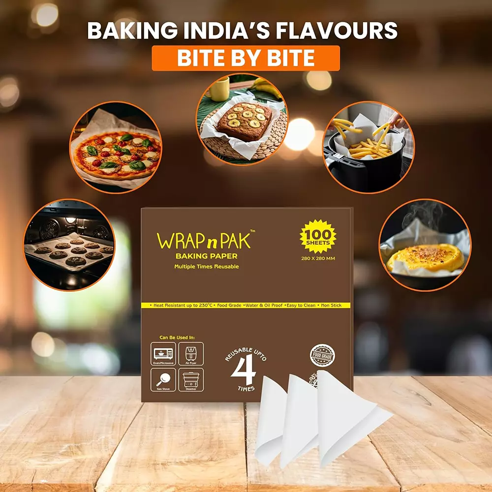 WRAP n PAK Baking Paper 4 Times Reusable Pre Cut 100 Sheets 11x11 Inch (27.94x27.94 cm) Heat Resistance Up To 230°C, (Pack of 20 Pcs)