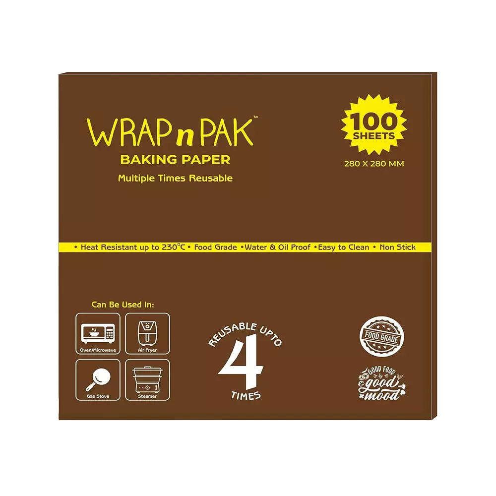 WRAP n PAK Baking Paper 4 Times Reusable Pre Cut 100 Sheets 11x11 Inch (27.94x27.94 cm) Heat Resistance Up To 230°C, (Pack of 40 Pcs)