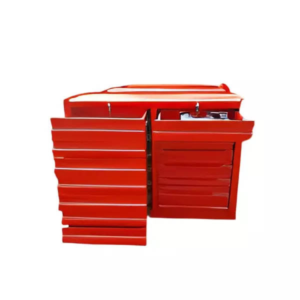Rimsha 14-Drawer Tool Cabinet with Central Locking & Telescopic Slides 4 Inch (10.16 cm) Wheel Size Red 1000x450x850 mm Mild Steel for Industrial Use