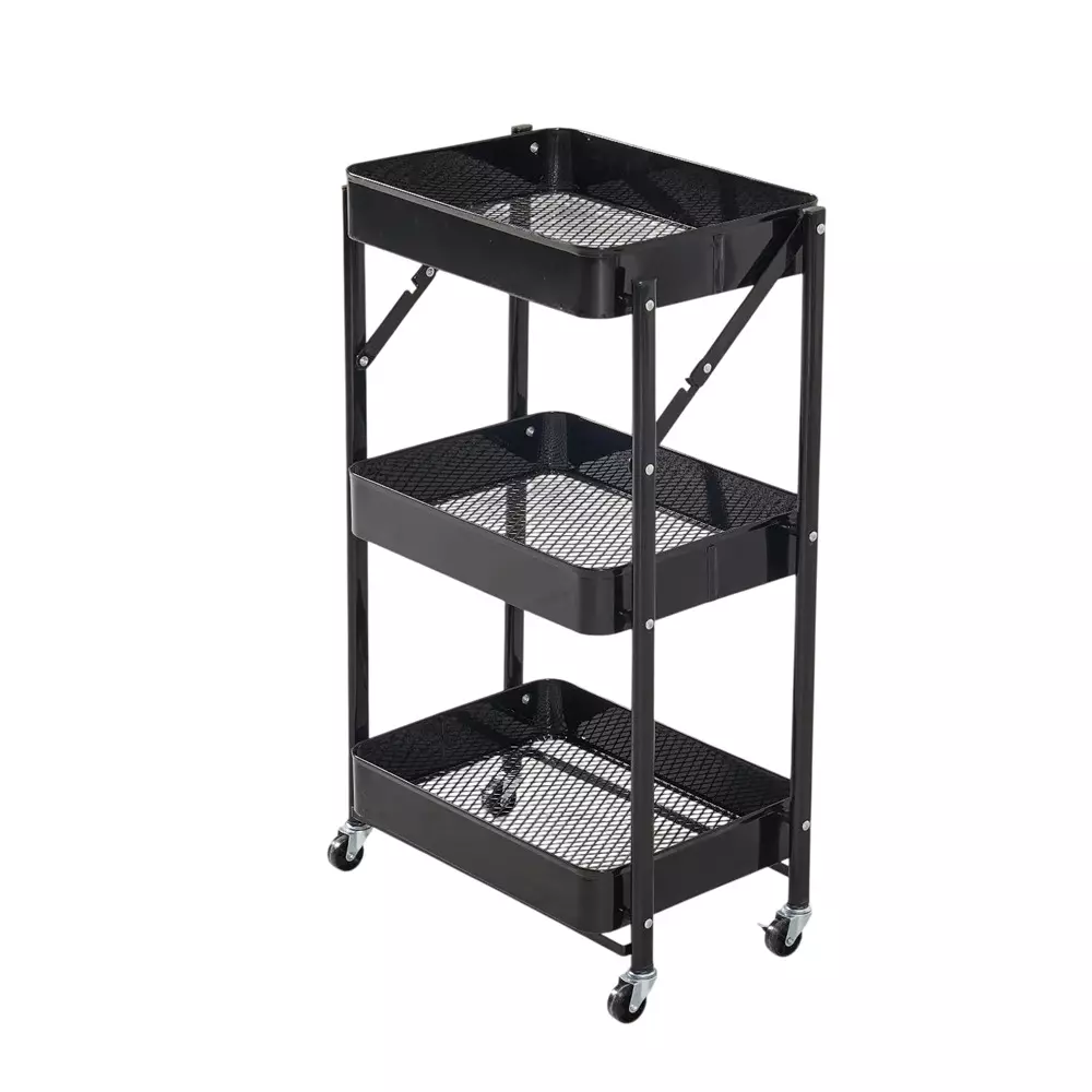 BIGAPPLE Multipurpose Foldable Rack Trolley Iron 3-Tier 77x46x30 cm Overall Size Black with 4 Rubber Wheels