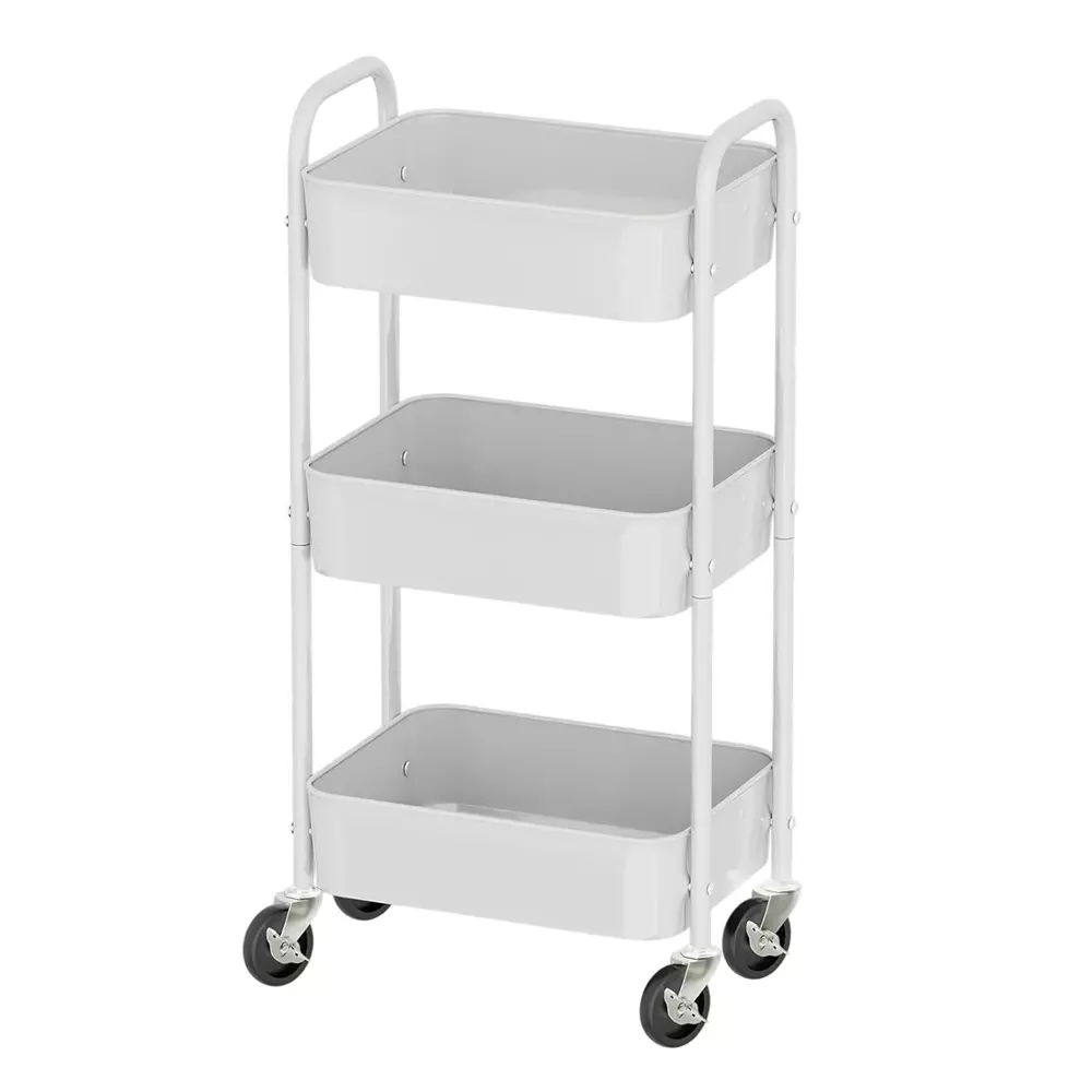 BIGAPPLE Multipurpose Foldable Rack Trolley Iron 3-Tier 75.5x45x29 cm Overall Size White with 4 Rubber Wheels