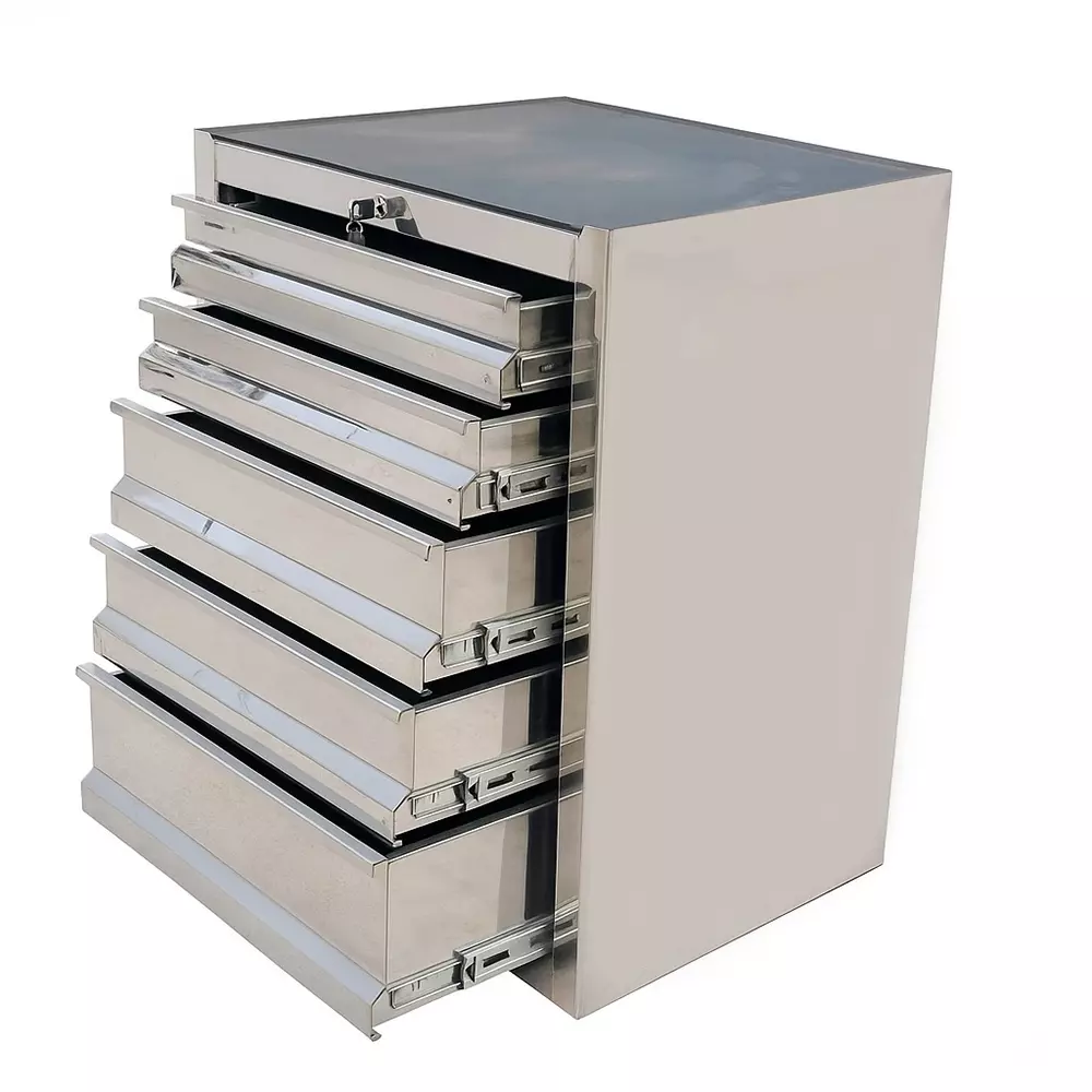 Rimsha 5-Drawer Tool Cabinet with Central Locking & Wheels 4 Inch (10.16 cm) Wheel Size 650x450x850 mm Stainless Steel for Industrial Use