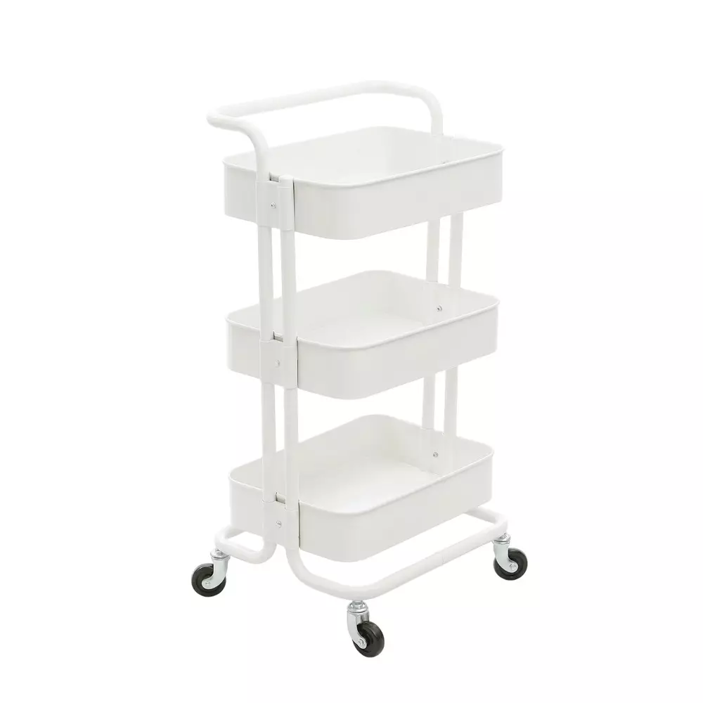BIGAPPLE Multipurpose Foldable Rack Trolley Iron 3-Tier 86x43x36 cm Overall Size White with 4 Rubber Wheels