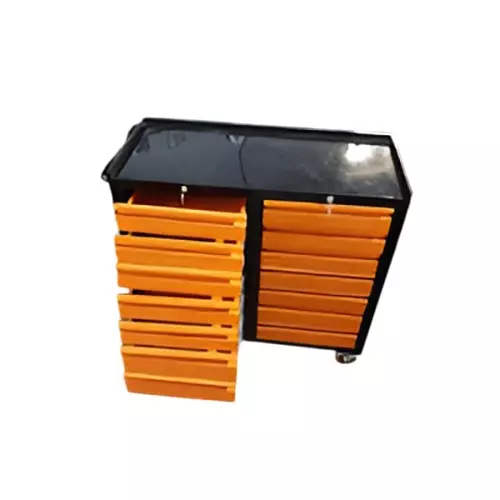 Rimsha 14-Drawer Tool Cabinet with Central Locking & Telescopic Slides 4 Inch (10.16 cm) Wheel Size Yellow & Black 1000x450x850 mm Mild Steel for Industrial Use