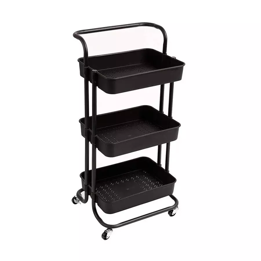 BIGAPPLE Multipurpose Foldable Rack Trolley Plastic 3-Tier 88x42x36 cm Overall Size Black with 4 Rubber Wheels