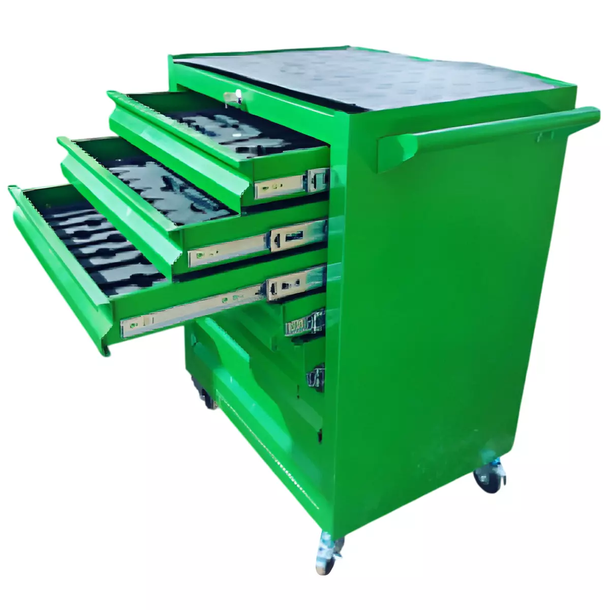Rimsha 7-Drawer Tool Trolley with Central Locking & Telescopic Slides 4 Inch (10.16 cm) Wheel Size Green 650x450x850 mm Mild Steel for Industrial Use