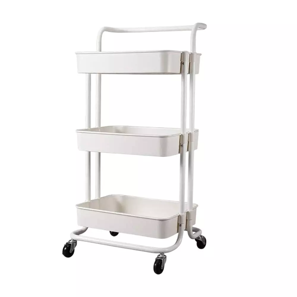 BIGAPPLE Multipurpose Foldable Rack Trolley Plastic 3-Tier 88x42x36 cm Overall Size White with 4 Rubber Wheels