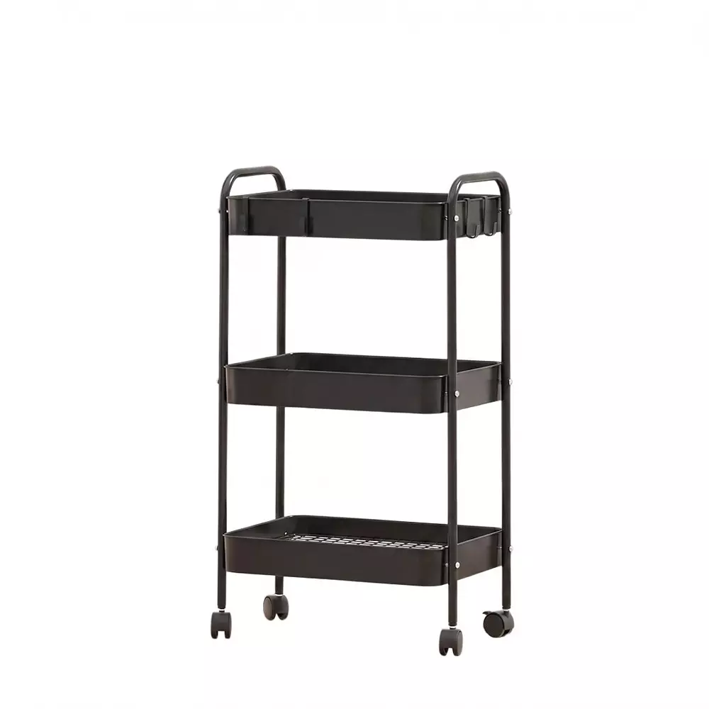 BIGAPPLE Multipurpose Foldable Rack Trolley Iron 3-Tier 75.5x45x29 cm Overall Size Black with 4 Rubber Wheels