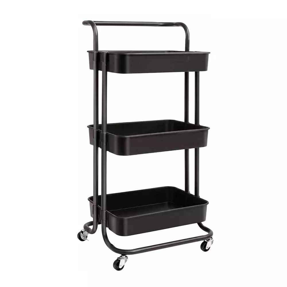 BIGAPPLE Multipurpose Foldable Rack Trolley Iron 3-Tier 86x43x36 cm Overall Size Black with 4 Rubber Wheels