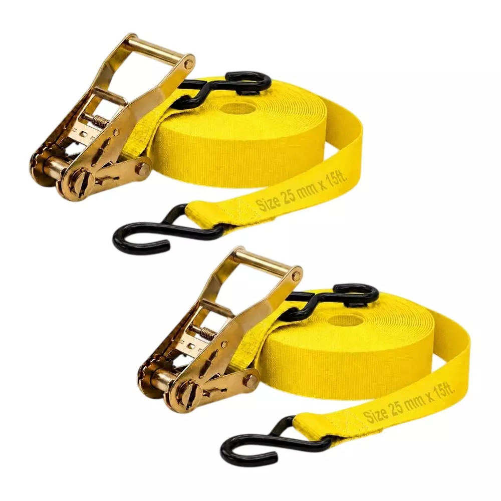 Trion Products Ratchet Straps with S Hooks for Securing Motorcycles, ATVs, Trailer & Cargo Yellow Color 15 ft (4.57 m) Length 1500 Kg Load Capacity (Pack of 2)