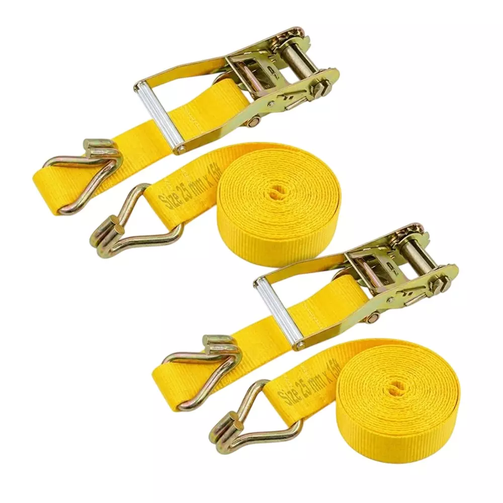 Trion Products Ratchet Straps with J Hooks for Securing Motorcycles, ATVs, Trailer & Cargo Yellow Color 15 ft (4.57 m) Length 1500 Kg Load Capacity (Pack of 2)