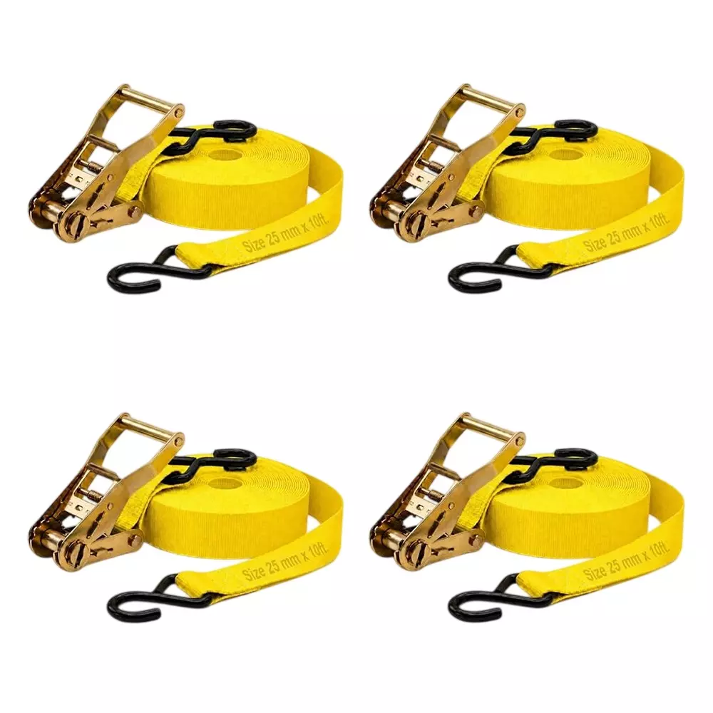 Trion Products Ratchet Straps with S Hooks for Securing Motorcycles, ATVs, Trailer & Cargo Yellow Color 10 ft (3 m) Length 1500 Kg Load Capacity (Pack of 4)