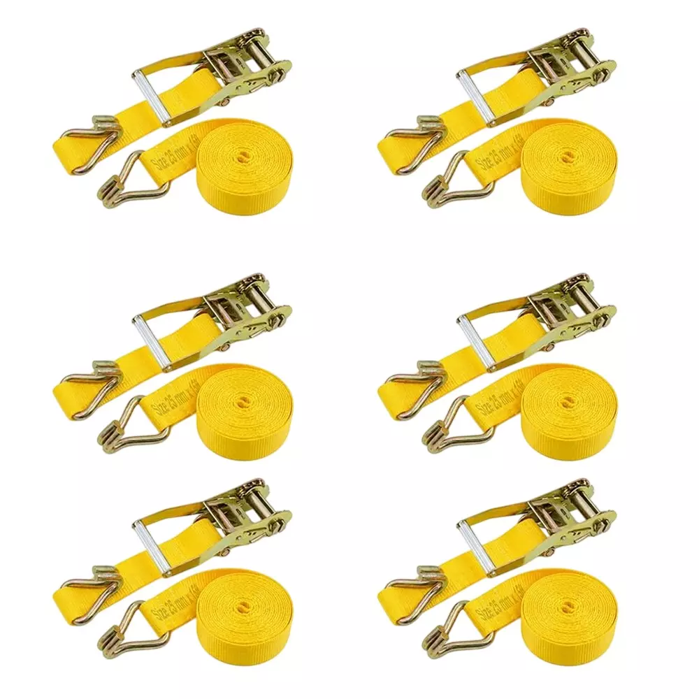 Trion Products Ratchet Straps with J Hooks for Securing Motorcycles, ATVs, Trailer & Cargo Yellow Color 15 ft (4.57 m) Length 1500 Kg Load Capacity (Pack of 6)
