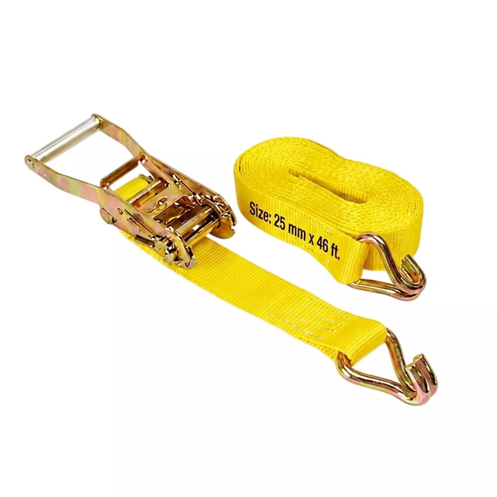 Trion Products 0.5 Ton Ratchet Strap With Double J Hook 46 Feet (14 m) Length x 1 inch (25 mm) Width and 1500 Kg Break Strength, Yellow, 1541J46