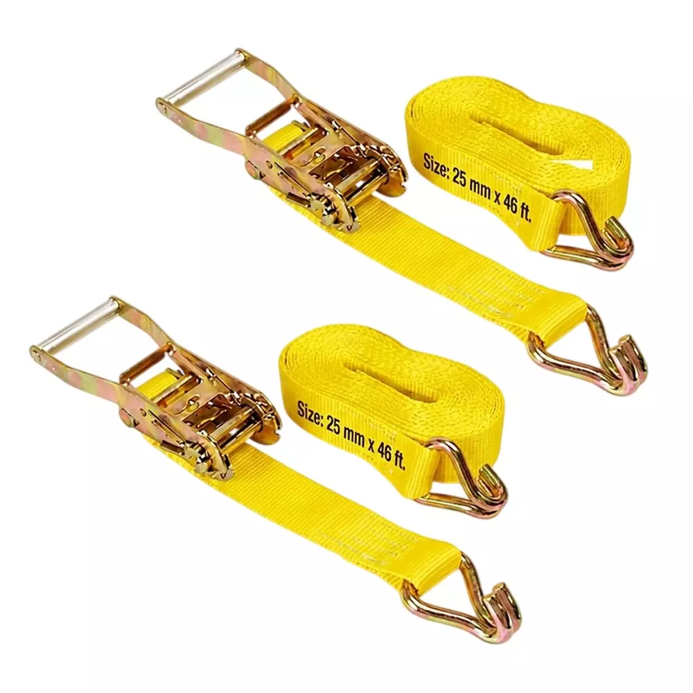 Trion Products 0.5 Ton Ratchet Strap With Double J Hook 46 Feet (14 m) Length x 1 inch (25 mm) Width and 1500 Kg Break Strength, Yellow, 1541J46P2 (Pack of 2)