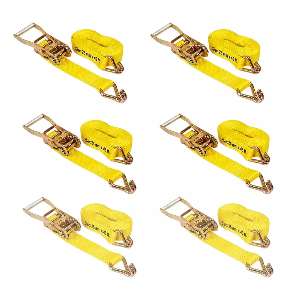 Trion Products 0.5 Ton Ratchet Strap With Double J Hook 46 Feet (14 m) Length x 1 inch (25 mm) Width and 1500 Kg Break Strength, Yellow, 1541J46P6 (Pack of 6)