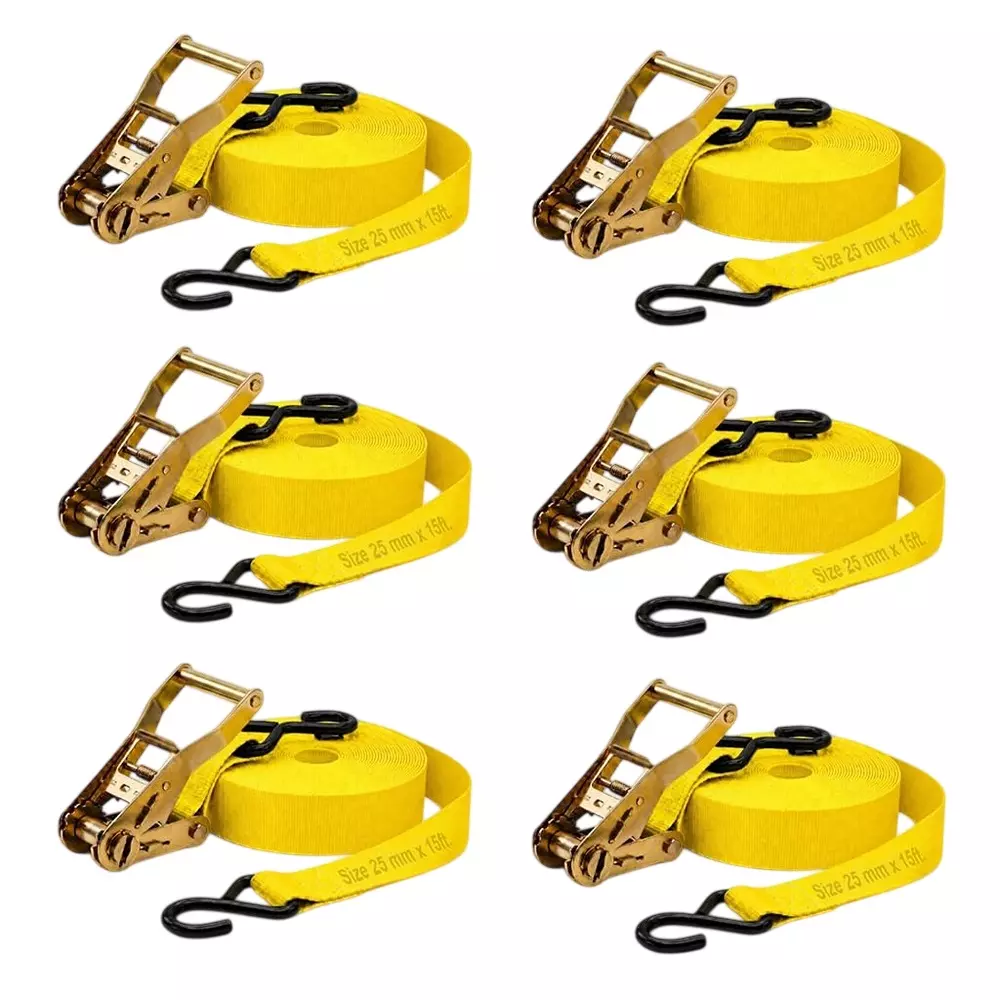Trion Products Ratchet Straps with S Hooks for Securing Motorcycles, ATVs, Trailer & Cargo Yellow Color 15 ft (4.57 m) Length 1500 Kg Load Capacity (Pack of 6)