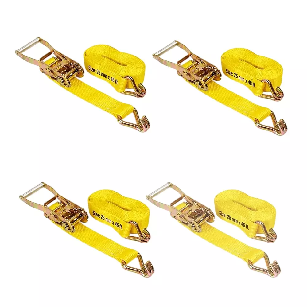 Trion Products 0.5 Ton Ratchet Strap With Double J Hook 46 Feet (14 m) Length x 1 inch (25 mm) Width and 1500 Kg Break Strength, Yellow, 1541J46P4 (Pack of 4)