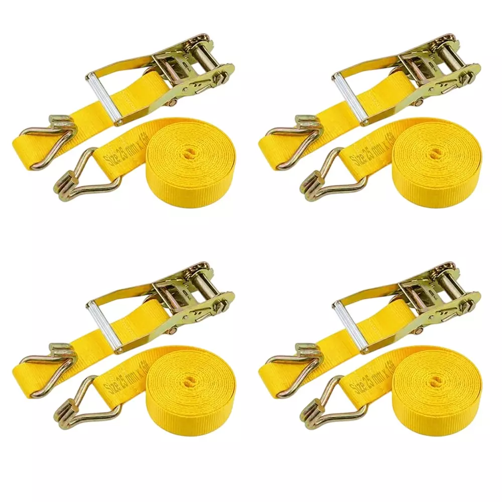 Trion Products Ratchet Straps with J Hooks for Securing Motorcycles, ATVs, Trailer & Cargo Yellow Color 15 ft (4.57 m) Length 1500 Kg Load Capacity (Pack of 4)