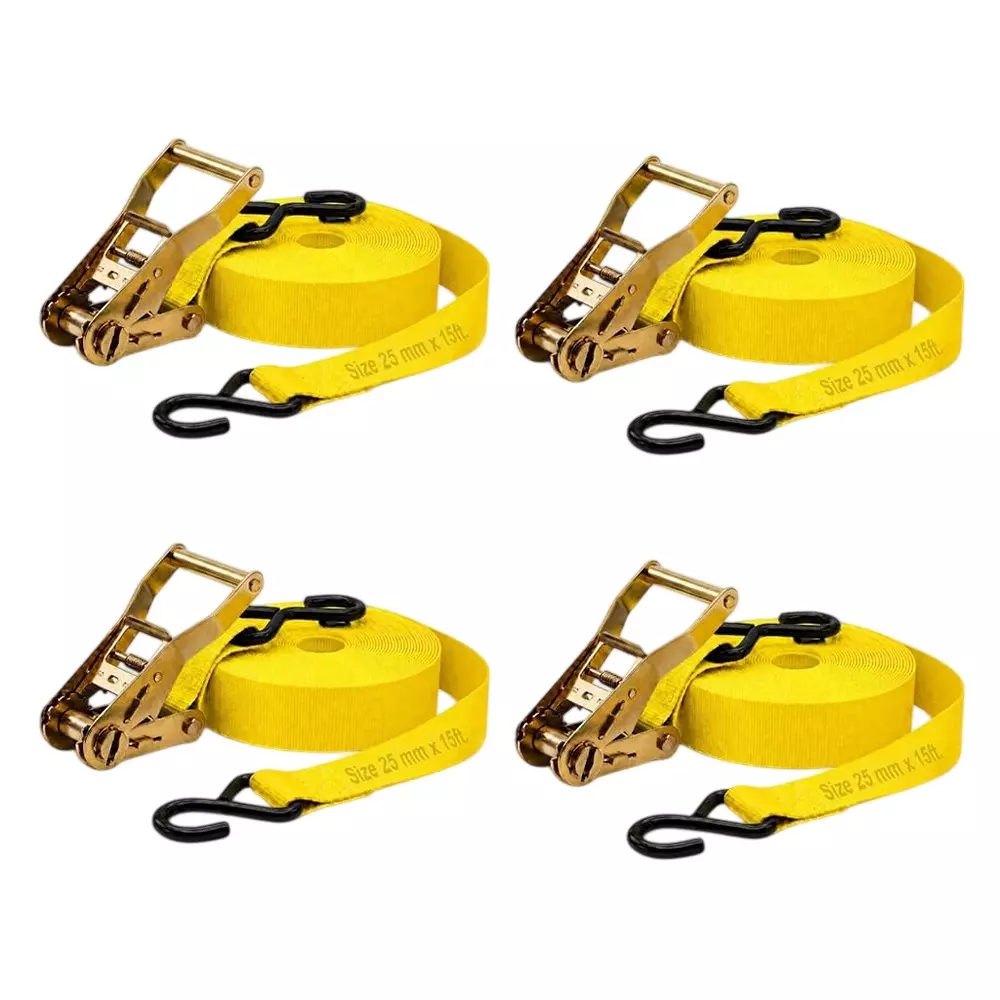 Trion Products Ratchet Straps with S Hooks for Securing Motorcycles, ATVs, Trailer & Cargo Yellow Color 15 ft (4.57 m) Length 1500 Kg Load Capacity (Pack of 4)