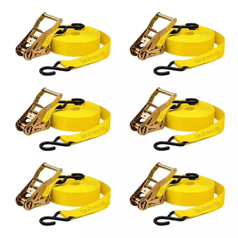Trion Products Ratchet Straps with S Hooks for Securing Motorcycles, ATVs, Trailer & Cargo Yellow Color 10 ft (3 m) Length 1500 Kg Load Capacity (Pack of 6)