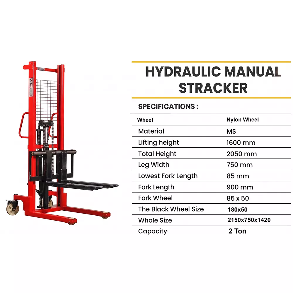 utc-hydraulic-manual-stacker-2-ton-2000-kg-load-capacity-1600-mm-16-m-lifting-height-and-900-mm-fork-length