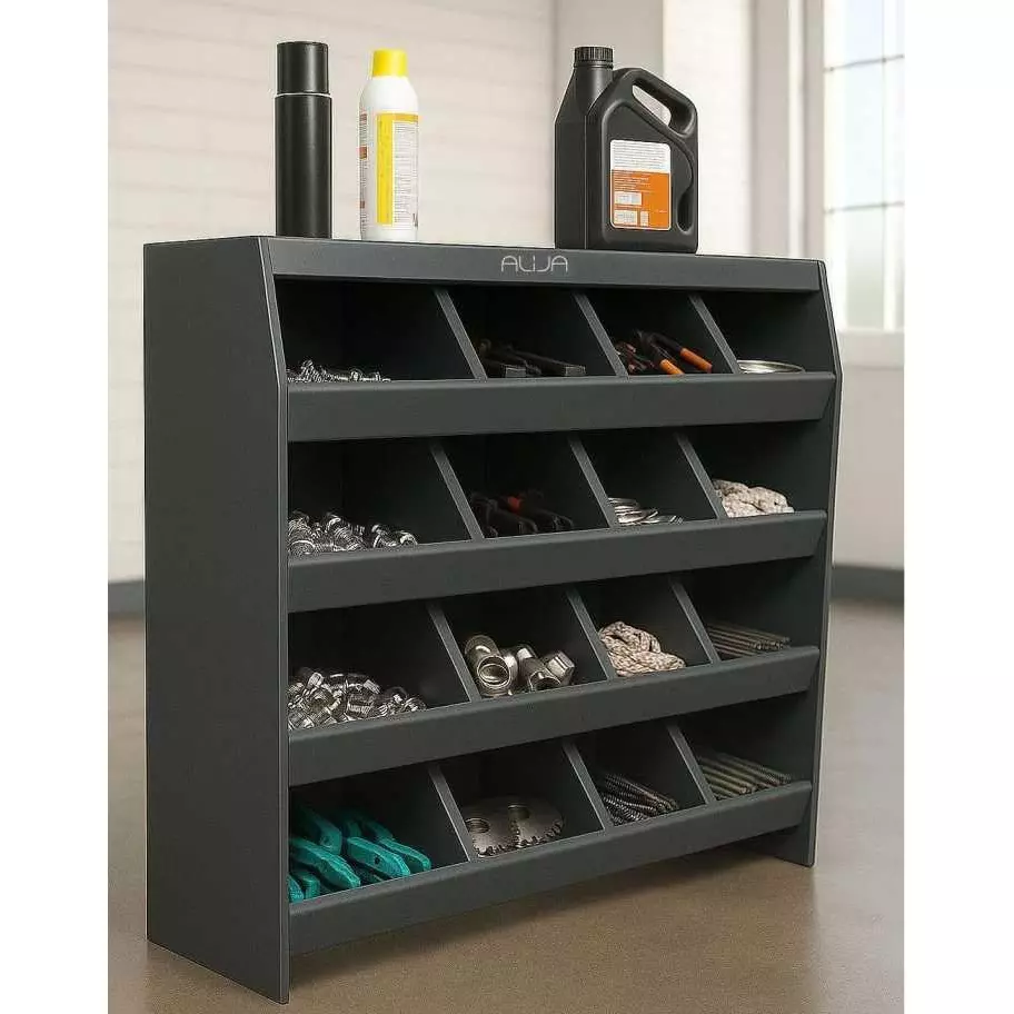 Alija 4-Tier Swiftlet Storage Rack 16 Compartments Carbon Steel 58.4x58.4x15.2 cm Dark Grey 4 Shelves for Workshops, Garages & Stores Use