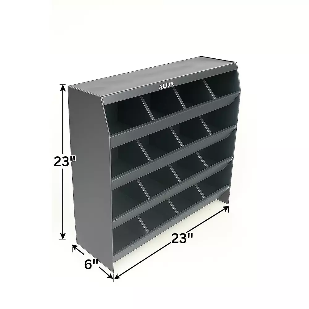 Alija 4-Tier Swiftlet Storage Rack 16 Compartments Carbon Steel 58.4x58.4x15.2 cm Dark Grey 4 Shelves for Workshops, Garages & Stores Use