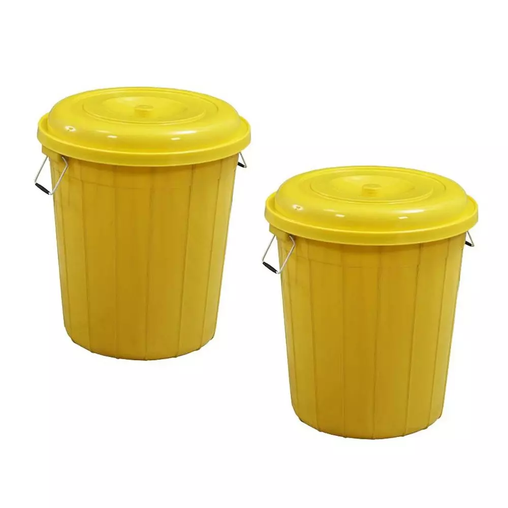 Swagath Drum With Lid Cover Round Shape Plastic Yellow for Rice, Water & Flour Use, DRUM50-YL-2 (Pack of 2 Pcs)