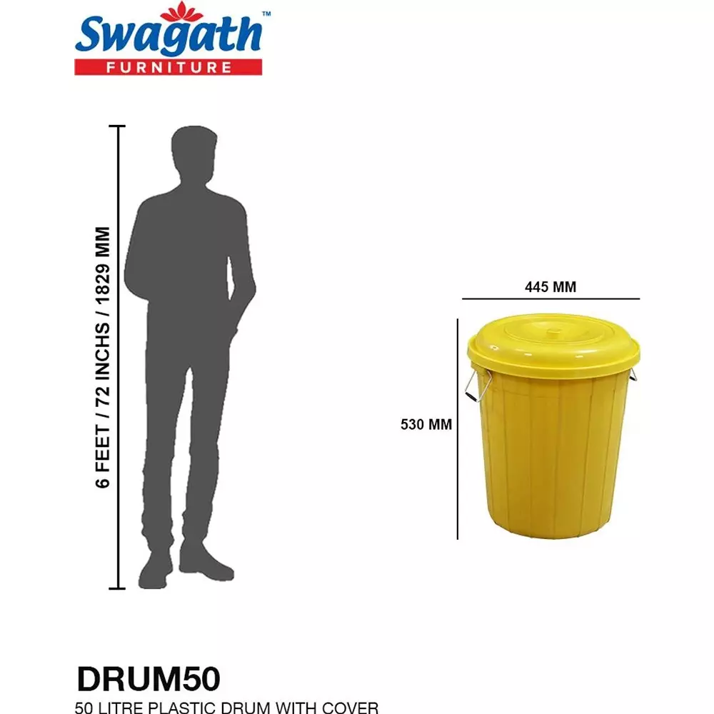 swagath-drum-with-lid-cover-round-shape-44x53-cm-50-l-plastic-yellow-for-rice-water-flour-use-drum50-ltr-pack-of-2-pcs
