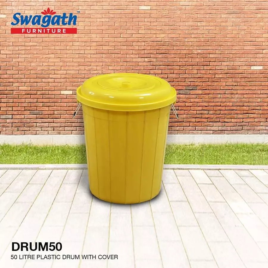 swagath-drum-with-lid-cover-round-shape-44x53-cm-50-l-plastic-yellow-for-rice-water-flour-use-drum50-ltr-pack-of-2-pcs