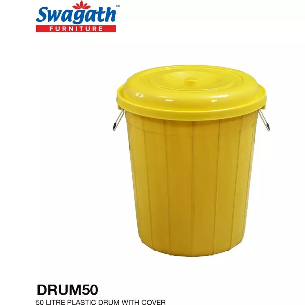 swagath-drum-with-lid-cover-round-shape-44x53-cm-50-l-plastic-yellow-for-rice-water-flour-use-drum50-ltr-pack-of-2-pcs