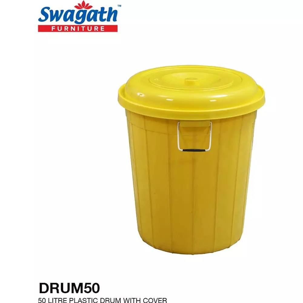 swagath-drum-with-lid-cover-round-shape-44x53-cm-50-l-plastic-yellow-for-rice-water-flour-use-drum50-ltr-pack-of-2-pcs