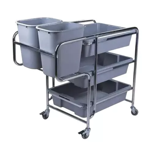 GENERIC Heavy Duty Service Cart with Bucket Stainless Steel 3 Shelves Modern Style 4 Wheel Grey for Hotels, Restaurant