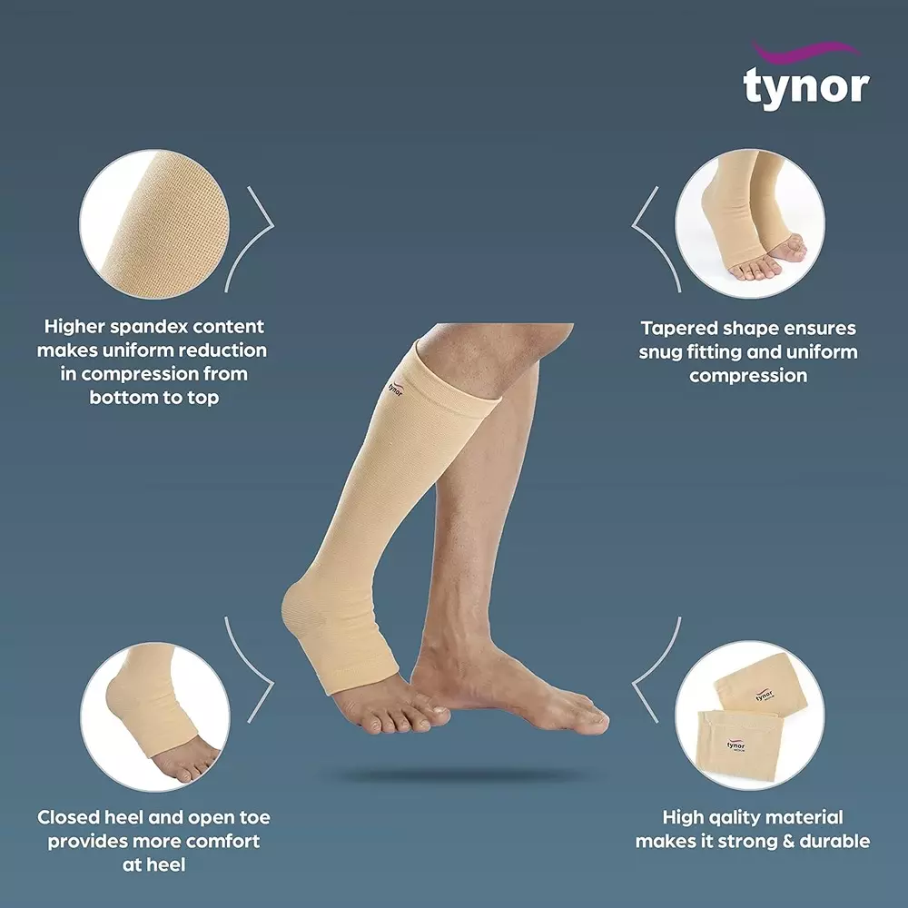 Tynor Compression Stocking Below Knee Classic Beige Medium Size, TA06041 (Pack of 2)