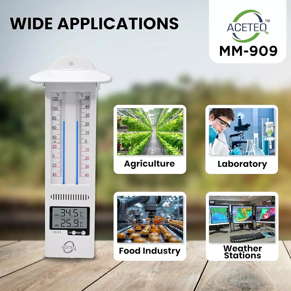 ACETEQ Digital Maximum Minimum Thermometer With 2 Battery 500 Milliseconds Response Time Digital Display Plastic White, MM 909
