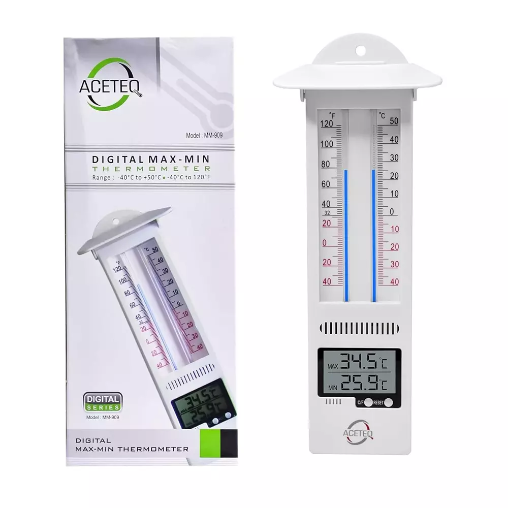 ACETEQ Digital Maximum Minimum Thermometer With 2 Battery 500 Milliseconds Response Time Digital Display Plastic White, MM 909