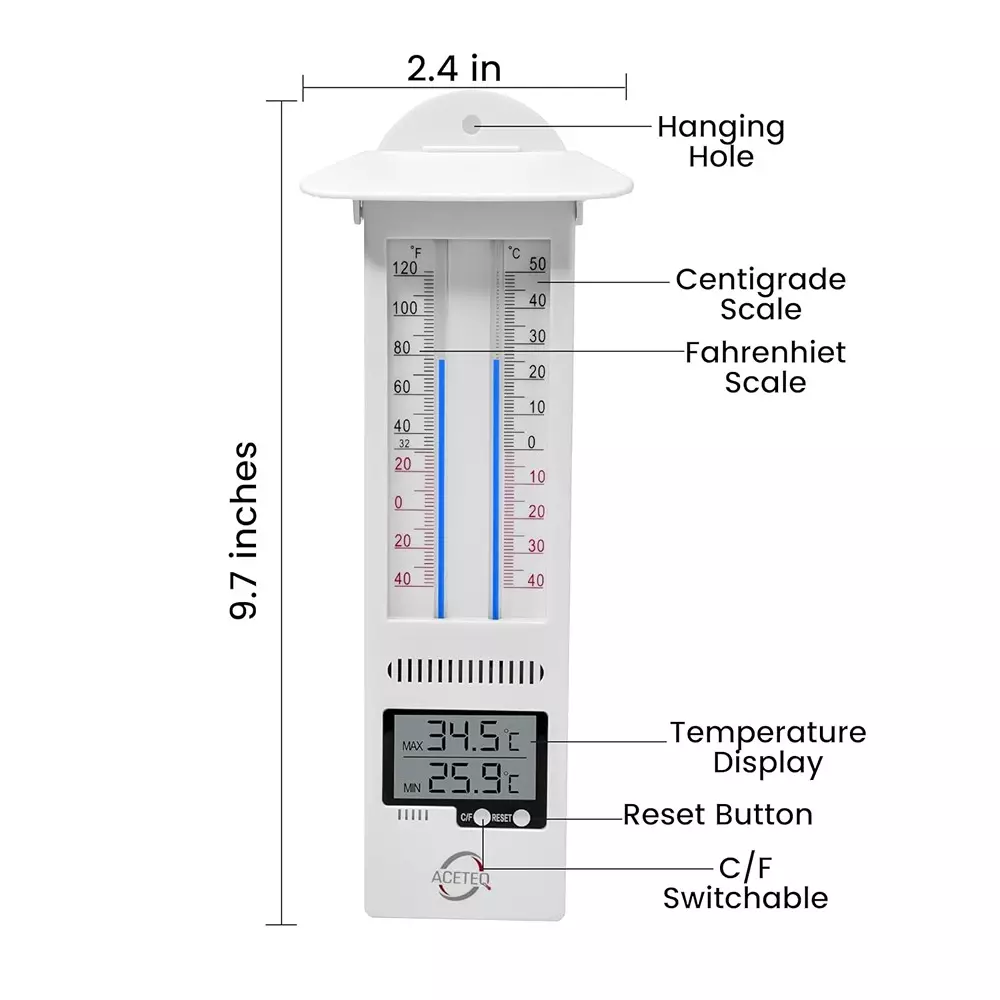 ACETEQ Digital Maximum Minimum Thermometer With 2 Battery 500 Milliseconds Response Time Digital Display Plastic White, MM 909
