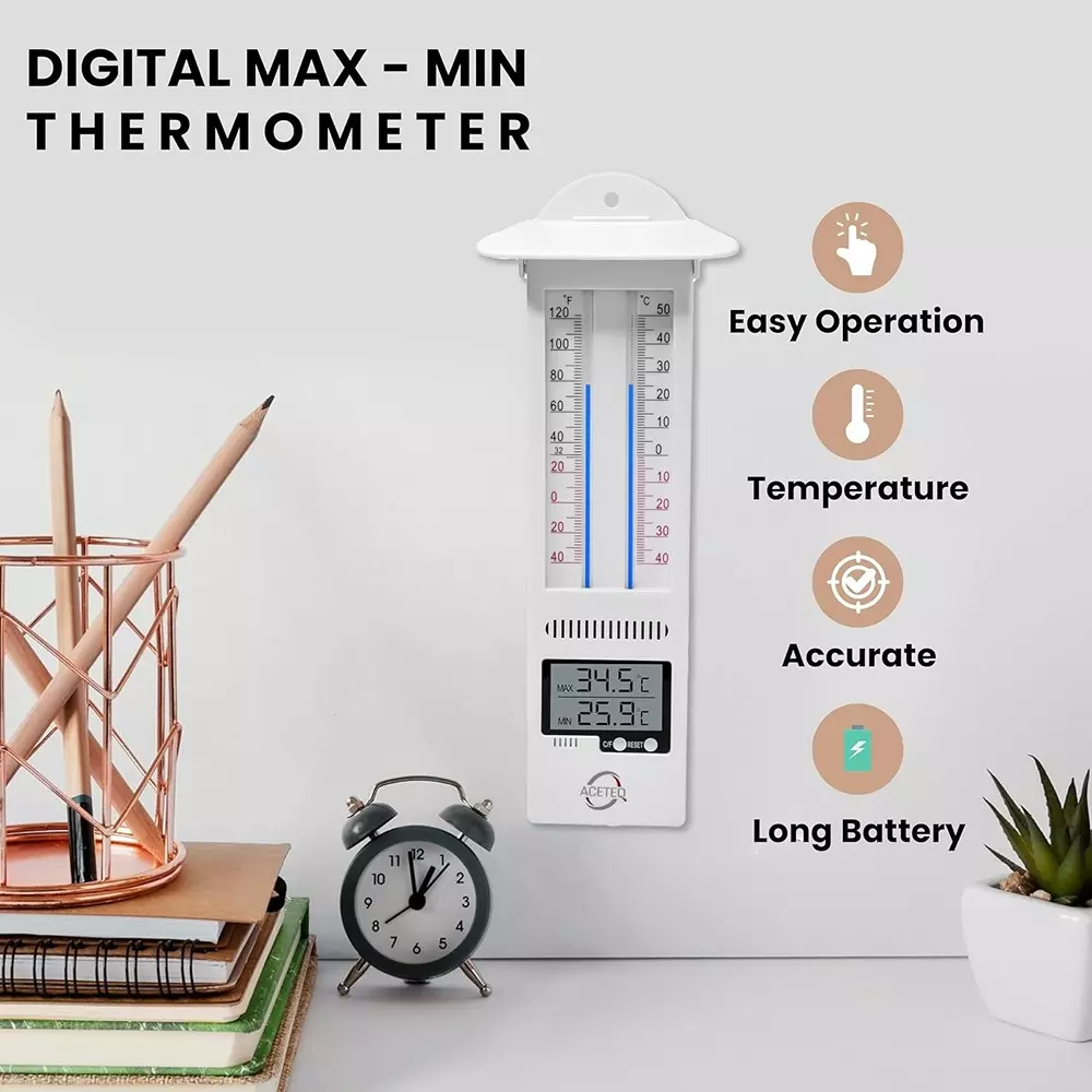 ACETEQ Digital Maximum Minimum Thermometer With 1 Battery 500 Milliseconds Response Time Digital Display Plastic White, MM 909