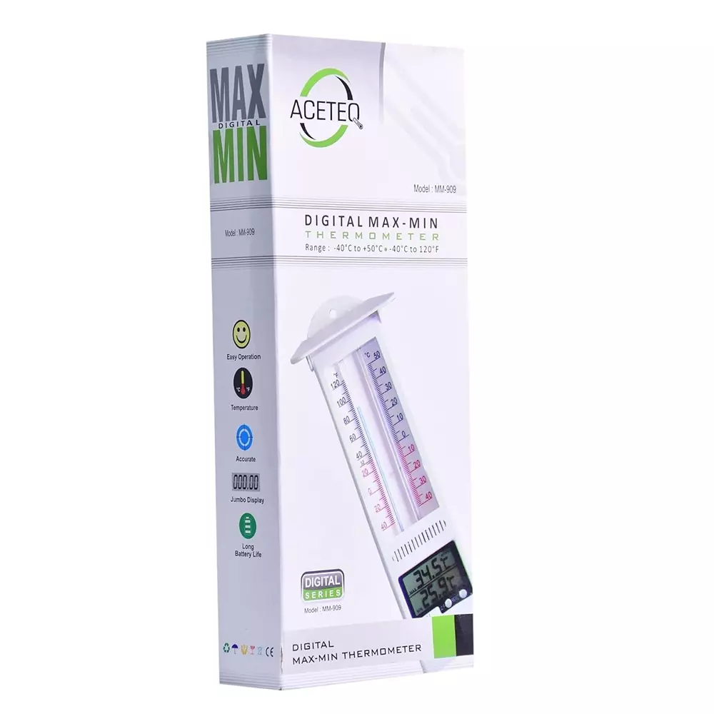 ACETEQ Digital Maximum Minimum Thermometer With 1 Battery 500 Milliseconds Response Time Digital Display Plastic White, MM 909