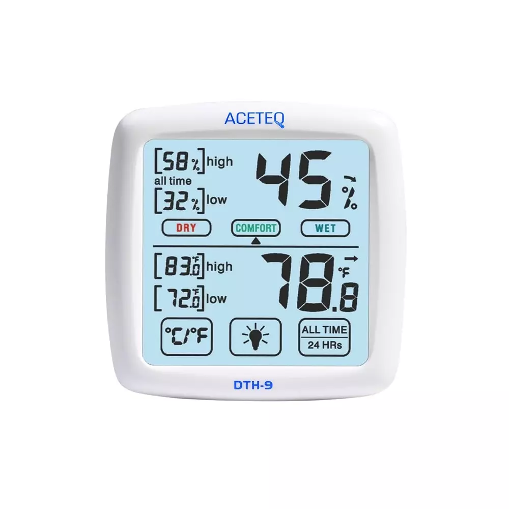 ACETEQ Digital Touch Screen Thermohygrometer 500 Milliseconds Response Time Digital Display Glass White, DTH 9