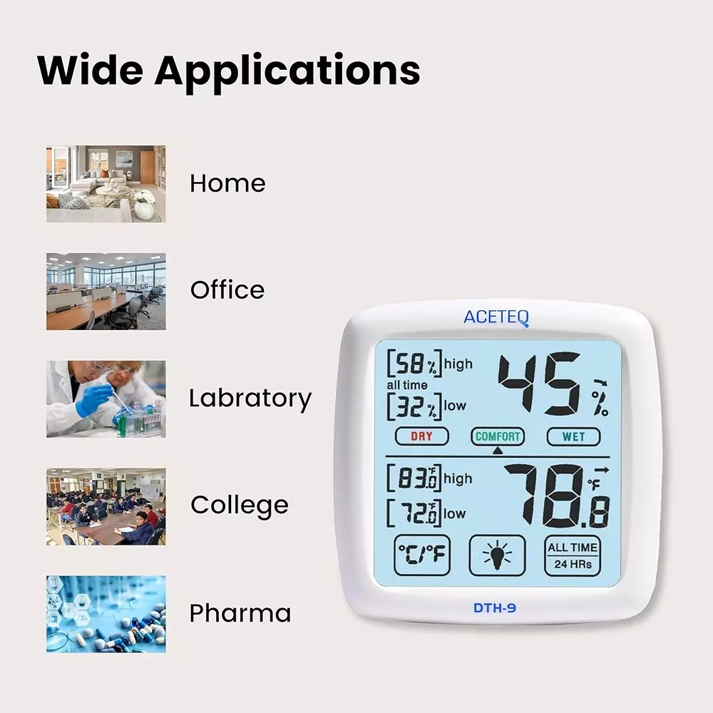 ACETEQ Digital Touch Screen Thermohygrometer 500 Milliseconds Response Time Digital Display Glass White, DTH 9