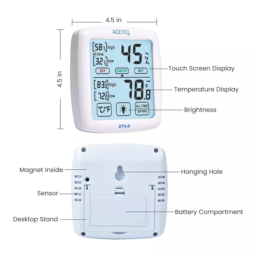 ACETEQ Digital Touch Screen Thermohygrometer 500 Milliseconds Response Time Digital Display Glass White, DTH 9