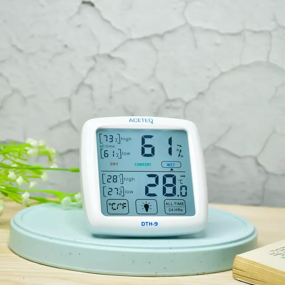 ACETEQ Digital Touch Screen Thermohygrometer 500 Milliseconds Response Time Digital Display Glass White, DTH 9