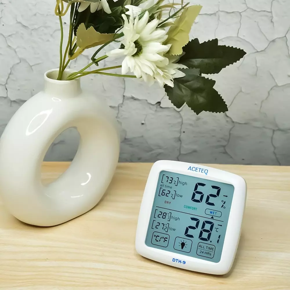 ACETEQ Digital Touch Screen Thermohygrometer 500 Milliseconds Response Time Digital Display Glass White, DTH 9